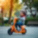 A child enjoying a ride on a Mı scooter in a park setting.