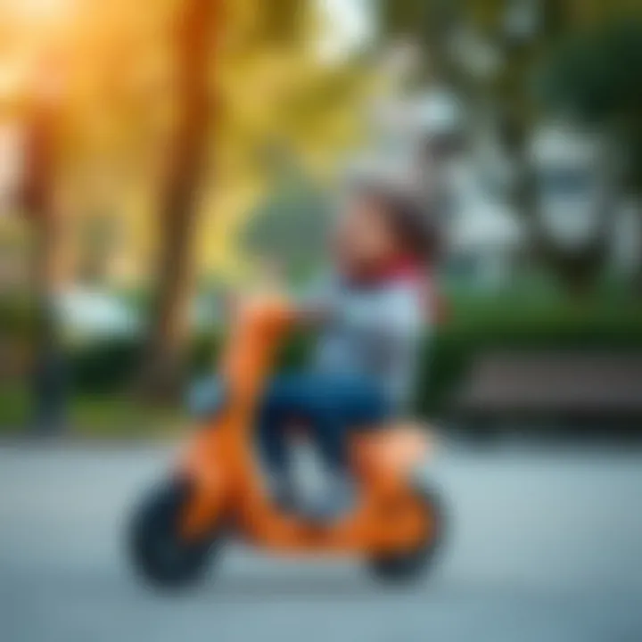 A child enjoying a ride on a Mı scooter in a park setting.