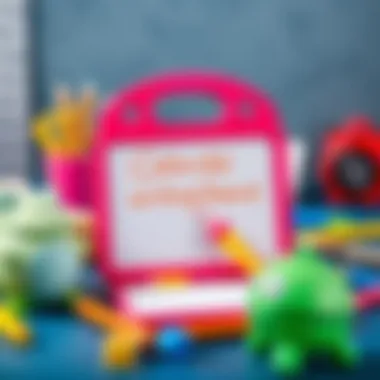 A colorful mini writing board surrounded by educational tools