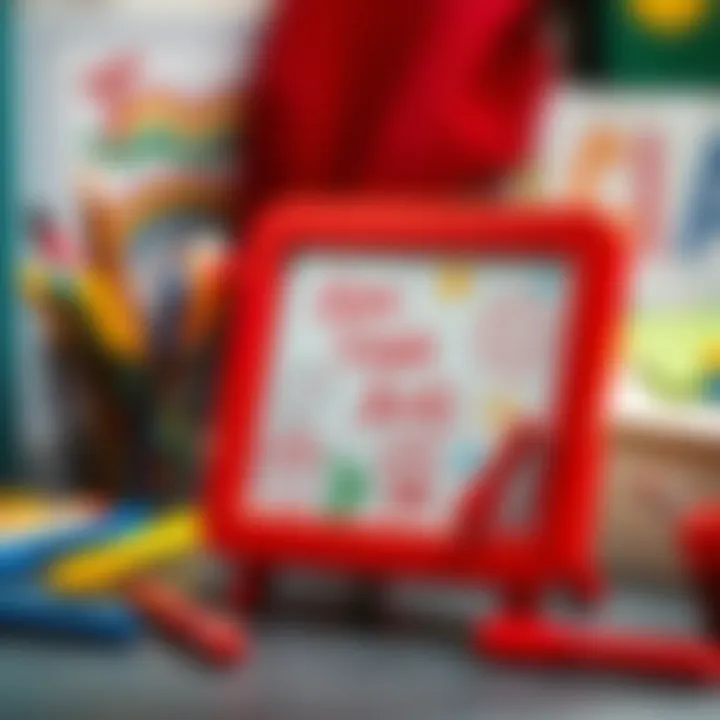 A close-up view of a mini writing board with vibrant drawings