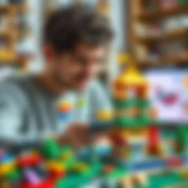 An adult enthusiast developing a Lego structure using a mobile game