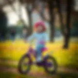 A child riding a purple bicycle in a park, showcasing joy and physical activity.