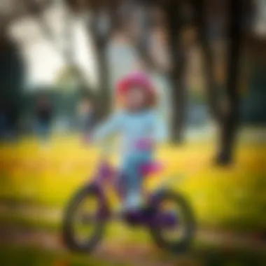 A child riding a purple bicycle in a park, showcasing joy and physical activity.