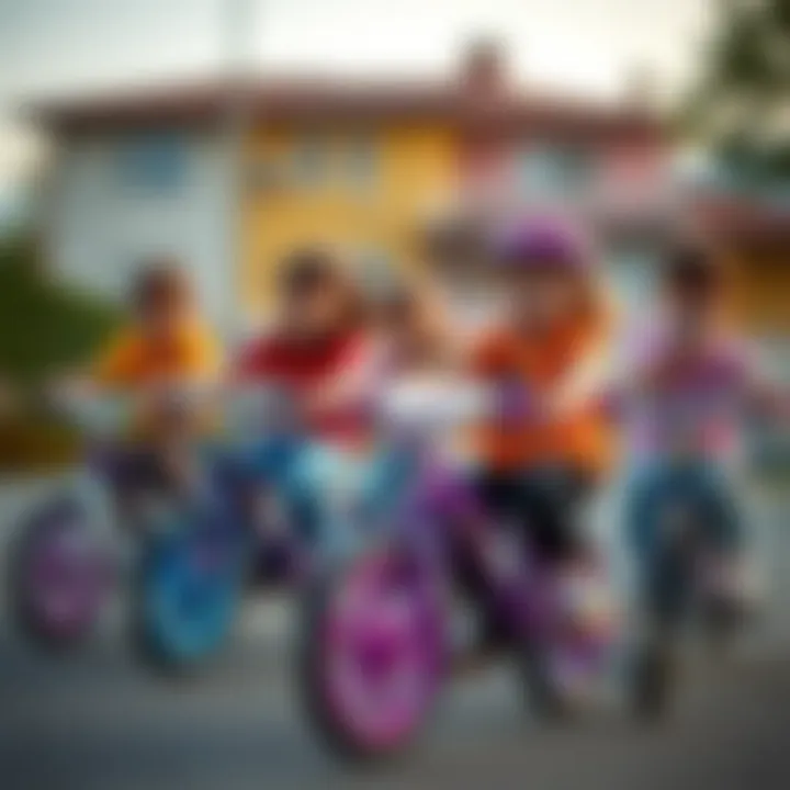 A group of children playing together on purple bicycles, promoting social interaction and teamwork.