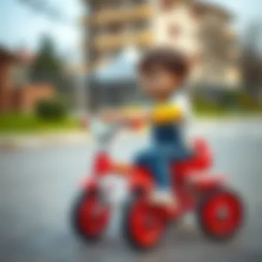 A child maneuvering a tricycle, illustrating motor skill development.
