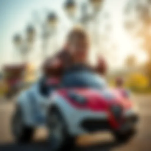 A child joyfully driving an electric toy car on a sunny day