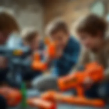 Children engaging in a Nerf battle, highlighting teamwork and strategy