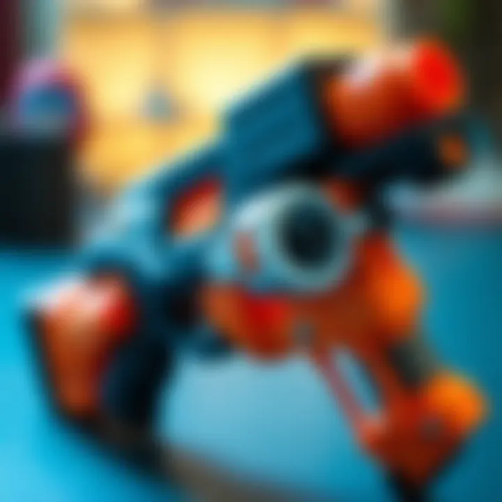 Close-up of a Nerf gun demonstrating its safety features and unique mechanics