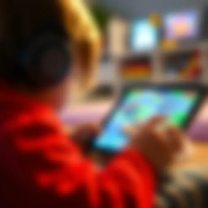 A child focused on playing an educational car game on a tablet, illustrating the learning aspect of online gaming.