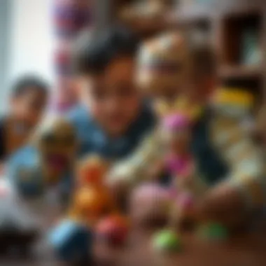 Children engaging in play therapy with monster figures to enhance emotional expression.