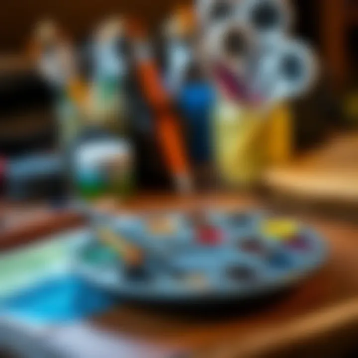 Palette with watercolor paints and brushes