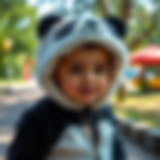 A child wearing a playful panda costume in a vibrant park setting