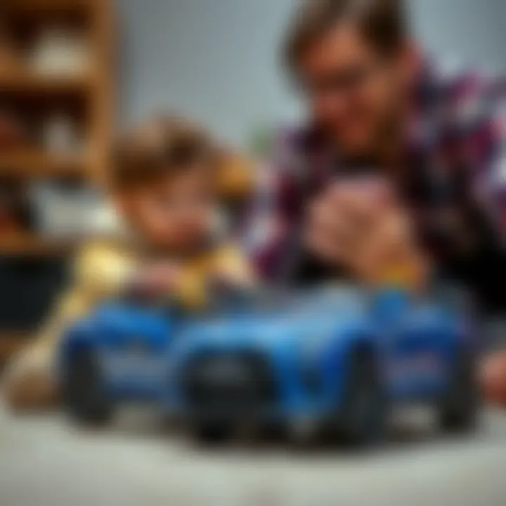 A parent observing their child playing with a toy car