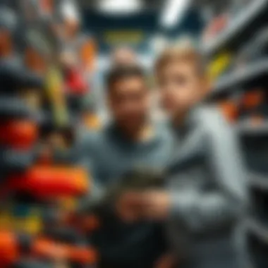 Parent and child examining toy gun options in a store