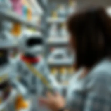 Selecting the Right Robotic Dog A parent choosing a robotic dog from a store shelf, considering options