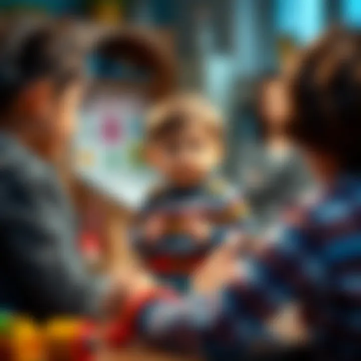 Parents and educators discussing the impact of educational toys on child development.