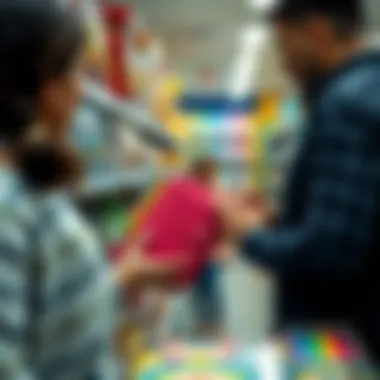 Parents selecting bag-shaped pencil cases from a store shelf.