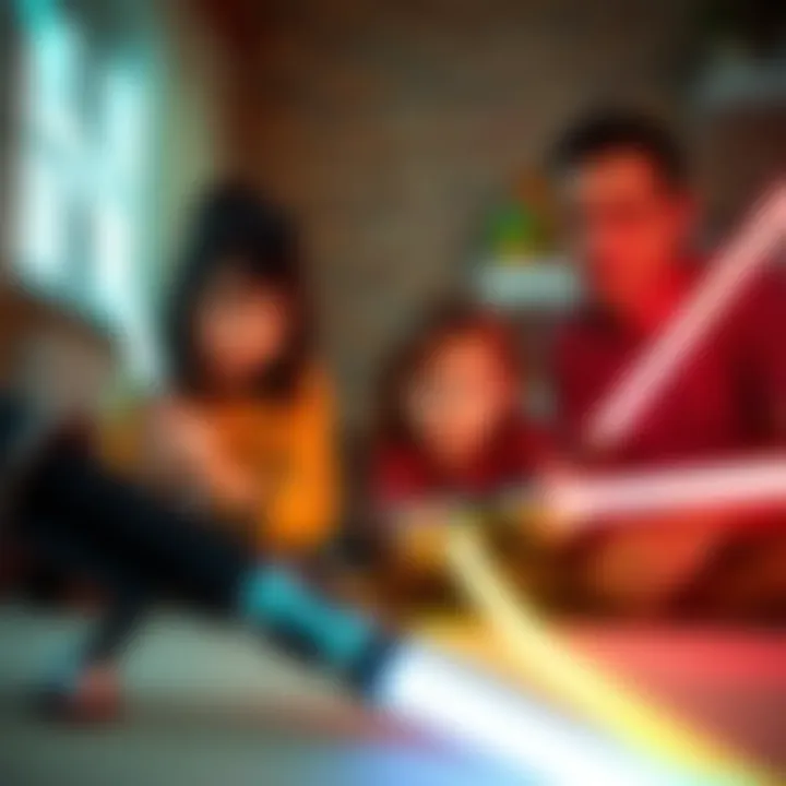 Parents supervising children playing with laser swords