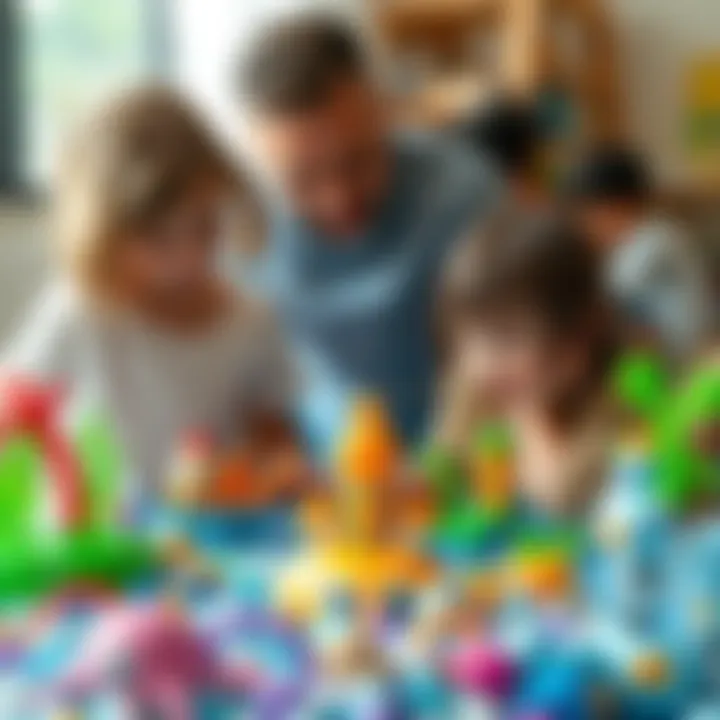 Parents observing children's developmental play with Aquabeads