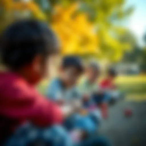 A vibrant park illustration showcasing children engaged in creative play