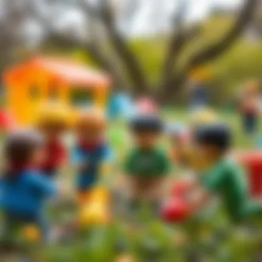 A colorful depiction of children interacting in an outdoor learning environment