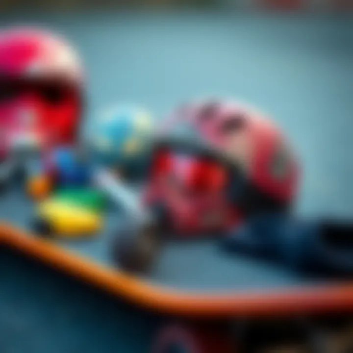 Close-up of skateboarding equipment and safety gear