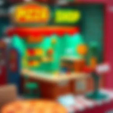 Colorful pizza shop game interface with interactive elements