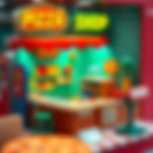 Colorful pizza shop game interface with interactive elements