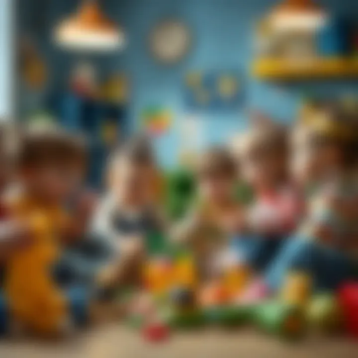 Children engaged in play therapy surrounded by colorful, imaginative props.