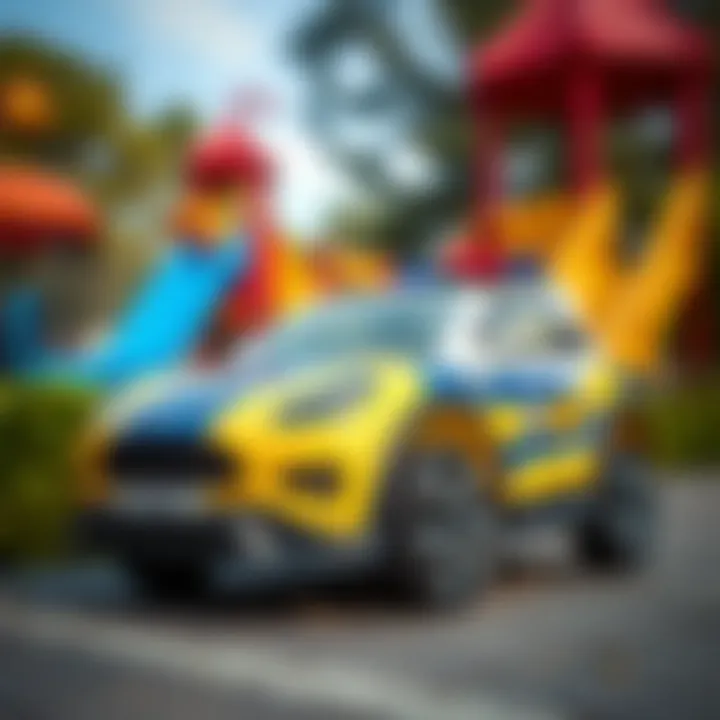 A police-themed electric toy car parked near a playground