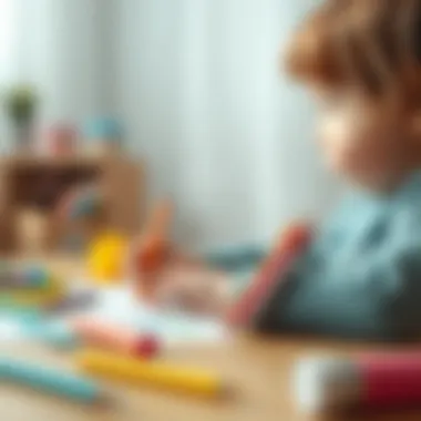A child drawing with colored pencils taken from a well-designed pencil case
