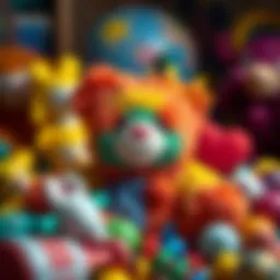 A vibrant rainbow teddy bear surrounded by colorful toys