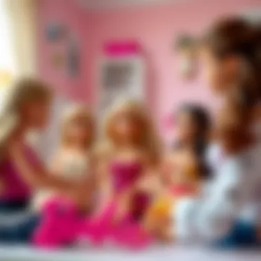 A group of girls engaging in social interaction while playing with Barbie dolls, highlighting friendship.