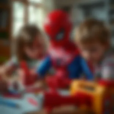Kids Collaborating on Spider-Man Coloring Fun Children collaborating on a Spider-Man coloring project