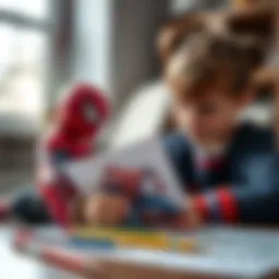 A child coloring a Spider-Man illustration, showcasing creativity