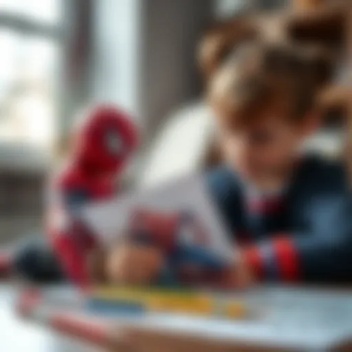 A child coloring a Spider-Man illustration, showcasing creativity