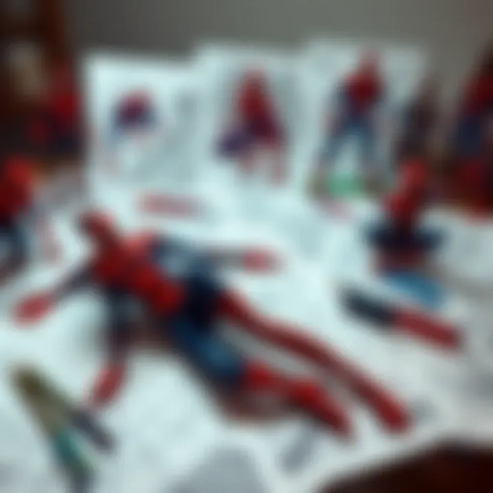 Diverse Collection of Spider-Man Coloring Pages Different Spider-Man coloring pages spread out on a table