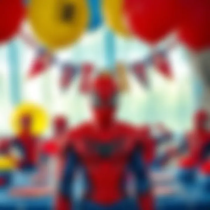 Colorful Spiderman party decorations including balloons and banners