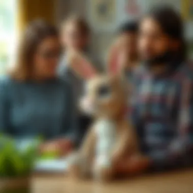 Parents and educators observing children with a rabbit character