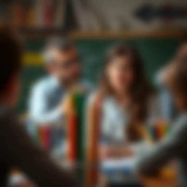 Teacher demonstrating the use of colored pencils in an educational setting