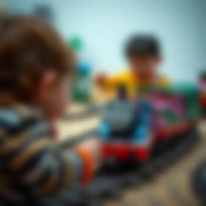 Children engaging with Thomas and Friends train set, enhancing motor skills.