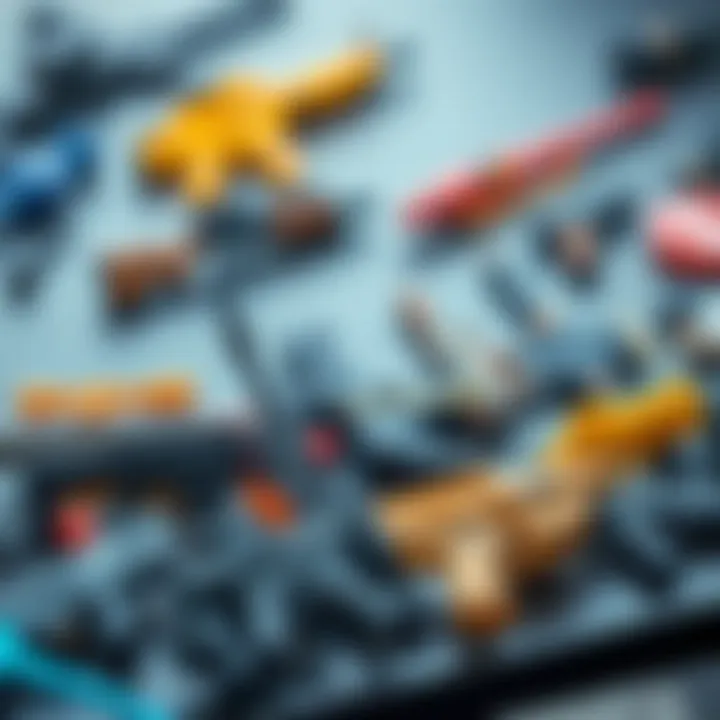 Diverse toy guns arranged aesthetically on a display table