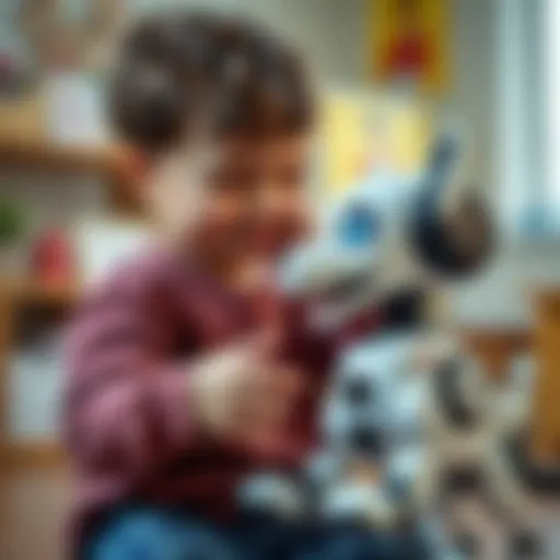 A child interacting with a robotic dog, showcasing joy and engagement