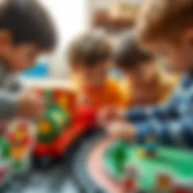 Children engaged in collaborative train building activity