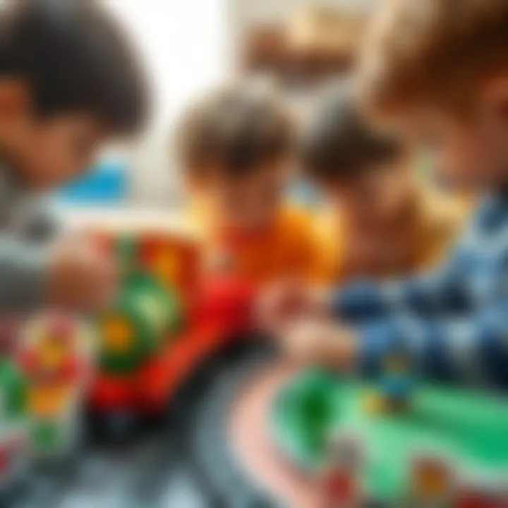 Children engaged in collaborative train building activity