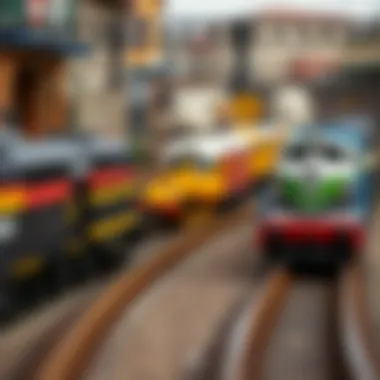 Close-up of train tracks with various train engines