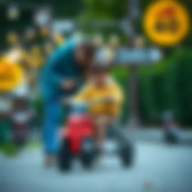 Parents assisting children with tricycle riding