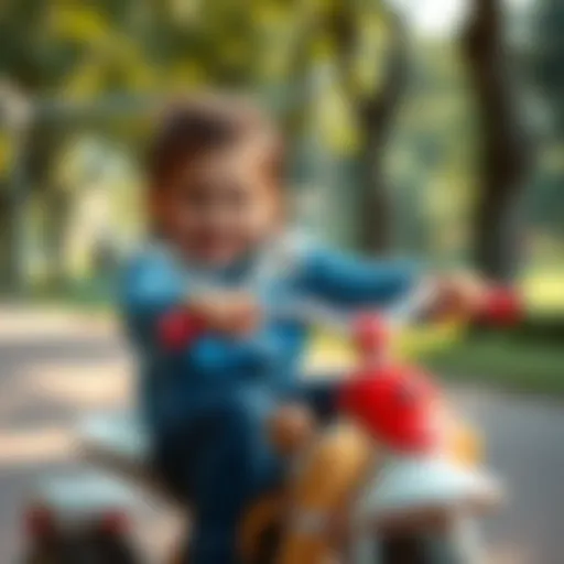 A child riding a tricycle in a park, showcasing joy and freedom.