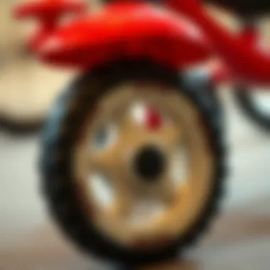 Close-up of a tricycle's wheel, emphasizing safety features.
