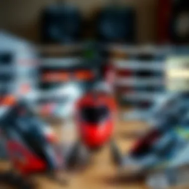 Different types of remote-controlled helicopters arranged for comparison